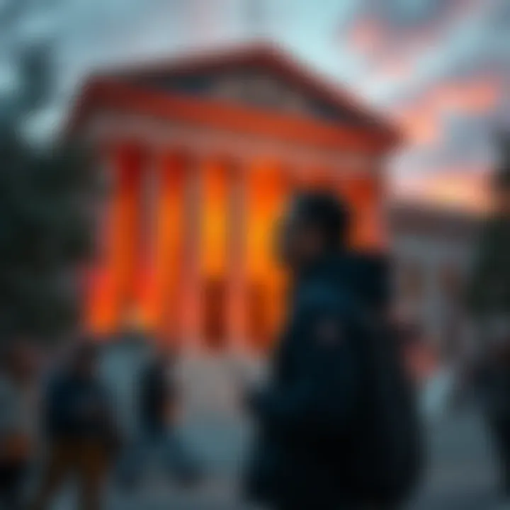An anti-AI activist stands outside a courthouse, looking determined as supporters rally nearby.