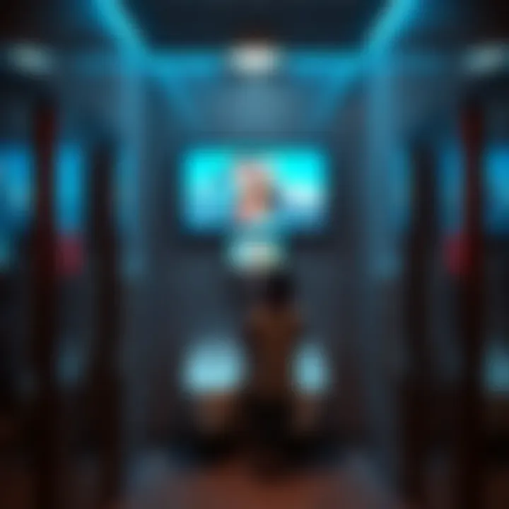 Ad screen in public restroom stall A public restroom stall featuring a digital screen displaying advertisements on the wall