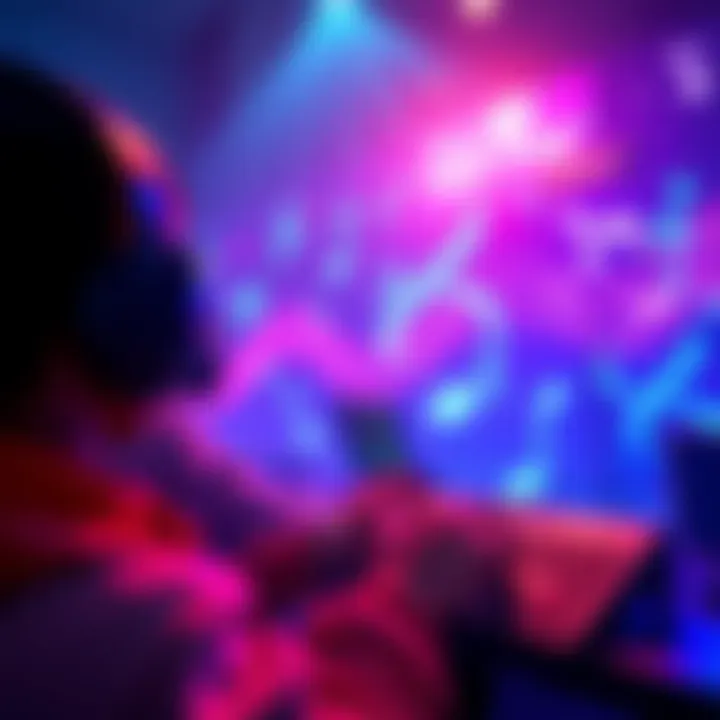 A gaming scene where music changes in real-time based on the player's actions, showing vibrant sound waves and immersive gameplay elements.