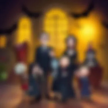 Cartoon-style illustration of Gomez and Morticia Addams surrounded by their family in a spooky mansion setting with bats and cobwebs.
