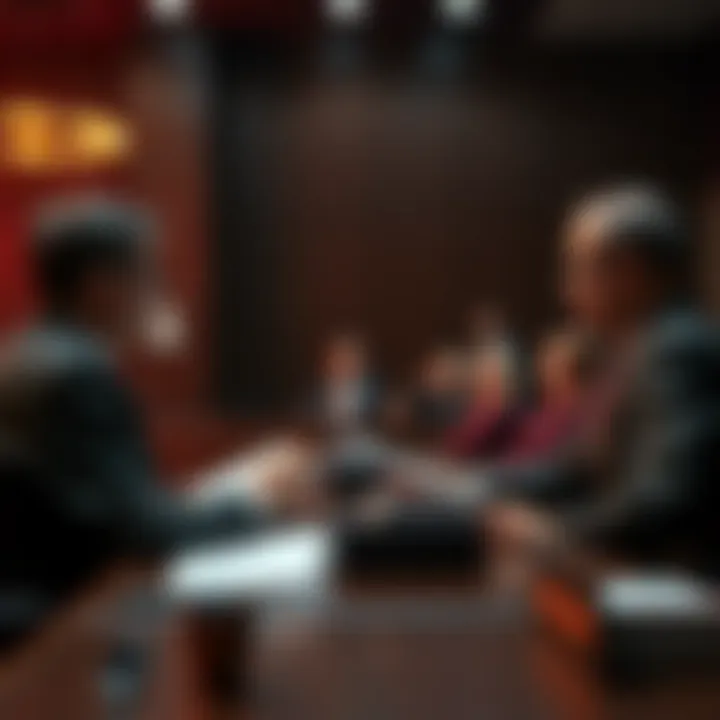 A group of adjudicators discussing case files in a courtroom setting
