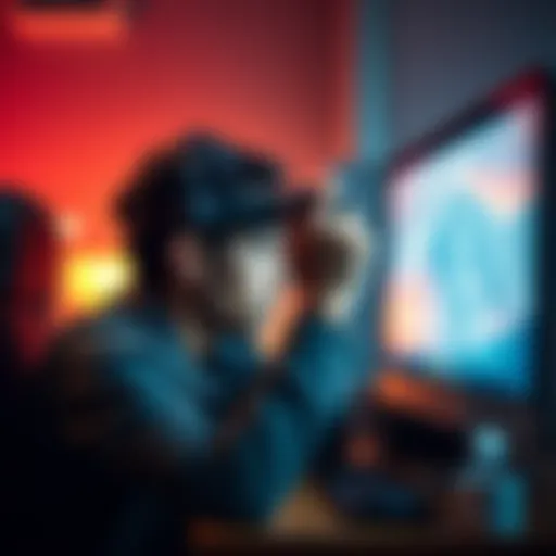A person carefully adjusts a light filter on a screen to ease migraine sensitivity, focusing intently on the device while seated at a desk.
