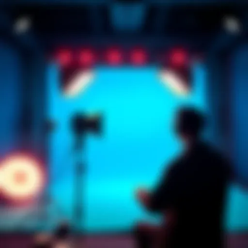 A person sets up lights to change a green screen to blue in a virtual studio