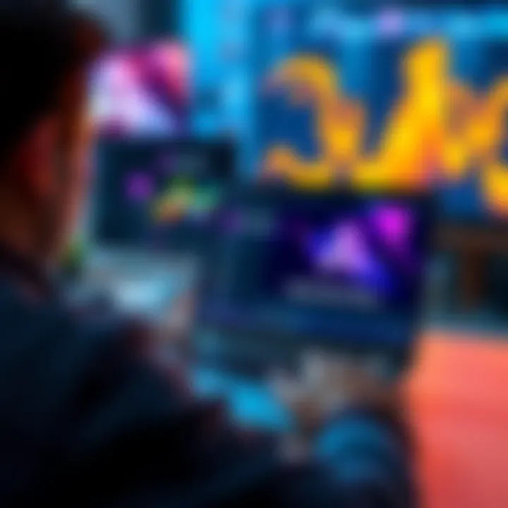 A person using a laptop, showing the Adobe After Effects download page on the screen with editing software graphics in the background.