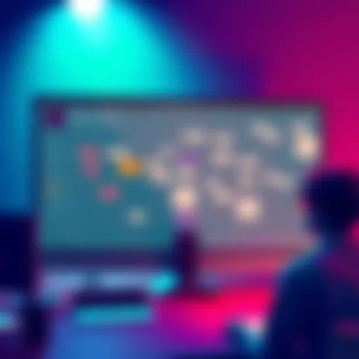 An illustration showing the Adobe flowchart panel in use, with various project elements and connections displayed.