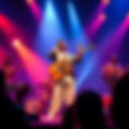 Adrian Even on stage, energetically performing while surrounded by vibrant traditional instruments symbolizing Mi Bombo, engaging the audience.