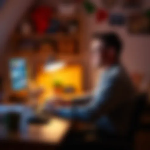 An adult sitting at a desk, using a laptop with a comforting expression, surrounded by warm lighting and personal items that represent creativity and healing.