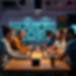 A group of adults over 25 gathered around a table with laptops, discussing game design and sharing ideas during a creative workshop.