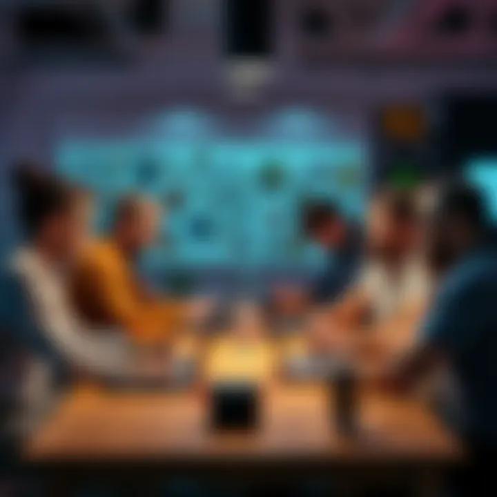 A group of adults over 25 gathered around a table with laptops, discussing game design and sharing ideas during a creative workshop.