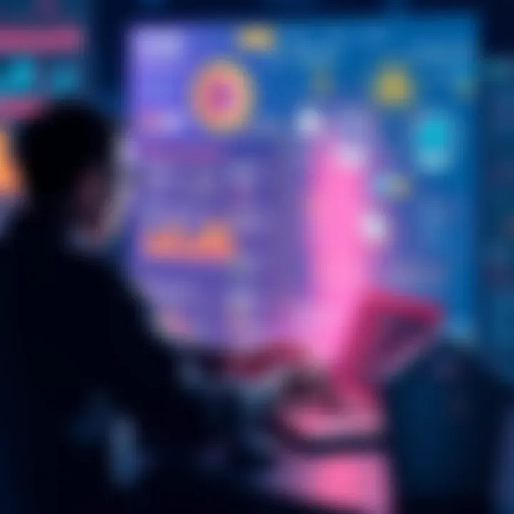 A person working on a laptop, creating intelligent automations with n8n and AI tools, surrounded by workflow charts and digital interfaces.