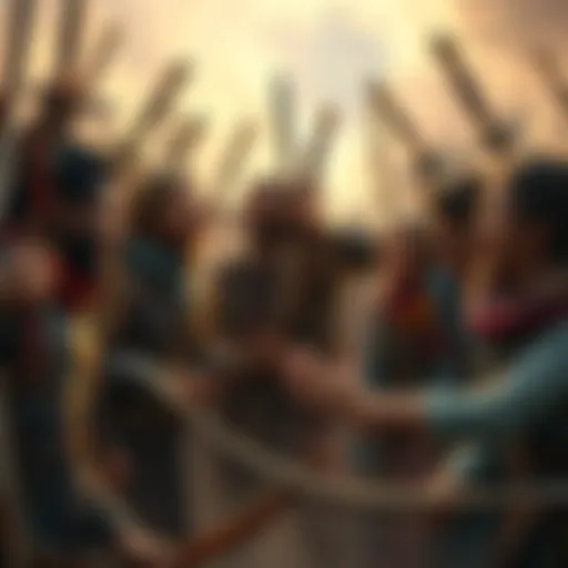 Group of adventurers celebrating the end of their journey, surrounded by swords and bows, smiling and sharing stories.