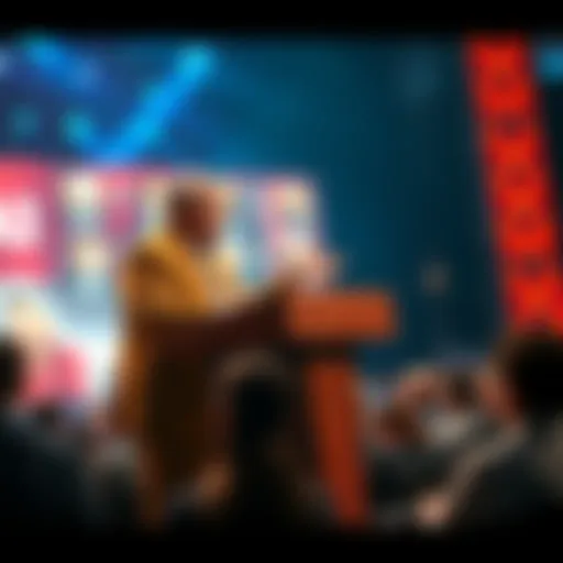 A spokesperson stands at a podium, addressing an audience about the benefits of AI, countering fears of AI doomerism.