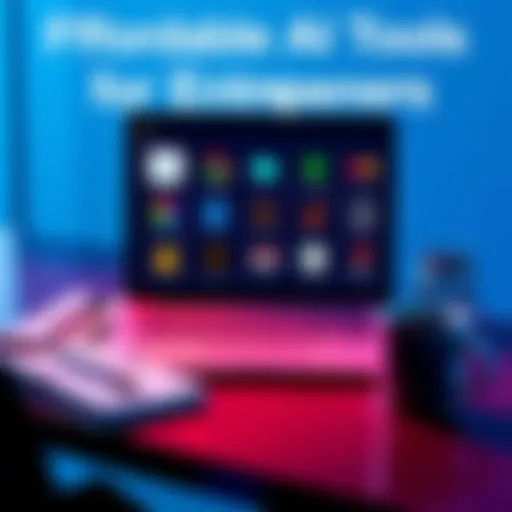 A laptop displaying various affordable AI tools for small business founders, with notes and a coffee cup nearby
