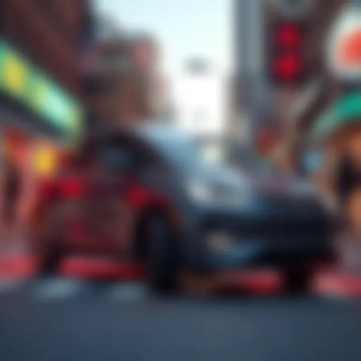 A sleek, affordable Chinese electric vehicle parked on a city street, showcasing its modern design and vibrant colors, with a backdrop of curious American car buyers looking on.