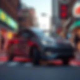 Affordable Chinese Electric Vehicle A sleek, affordable Chinese electric vehicle parked on a city street, showcasing its modern design and vibrant colors, with a backdrop of curious American car buyers looking on.