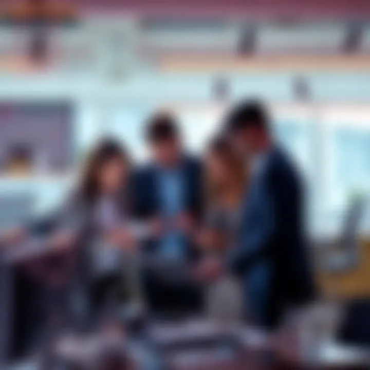 A team of professionals discussing growth strategies with technology tools in a modern office.