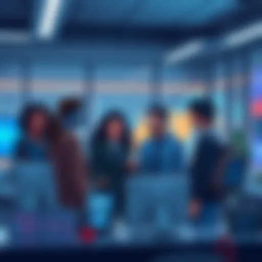 An illustration showing a group of diverse agents discussing ethics and technology in a modern office setting with digital screens around them.