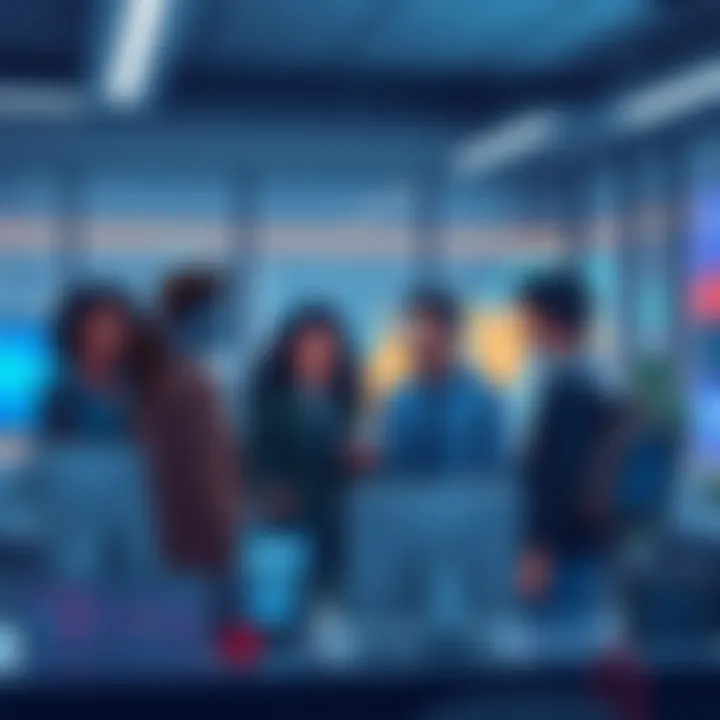 An illustration showing a group of diverse agents discussing ethics and technology in a modern office setting with digital screens around them.