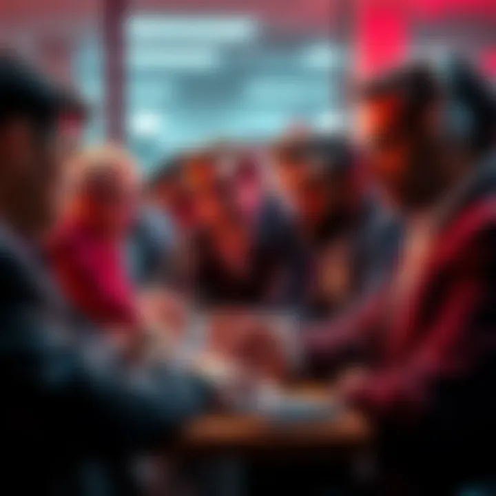 A group of tired agents discussing their work conditions and political beliefs in an office setting