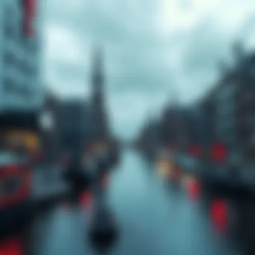 A futuristic cityscape of Amsterdam with technology symbols representing artificial general intelligence.