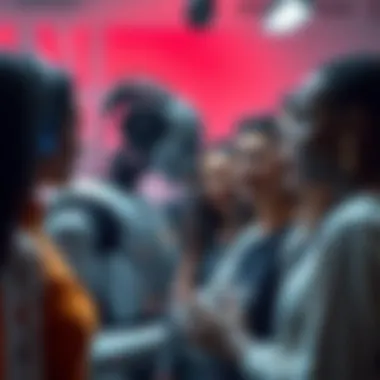 A humanoid robot and a group of diverse people interacting, showcasing trust and emotional connection, symbolizing first contact between AGI and humanity.