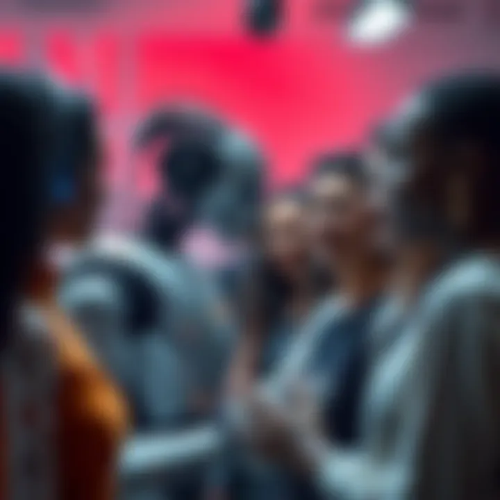 A humanoid robot and a group of diverse people interacting, showcasing trust and emotional connection, symbolizing first contact between AGI and humanity.