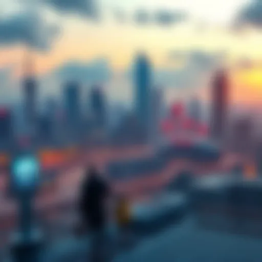 A futuristic city skyline with advanced technology and people interacting with robots, showcasing the influence of AGI on daily life and economy.