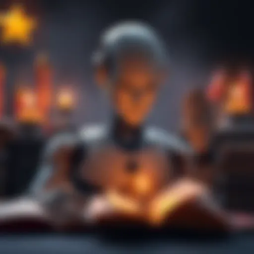 A robot contemplating religious symbols while surrounded by books on faith and beliefs.