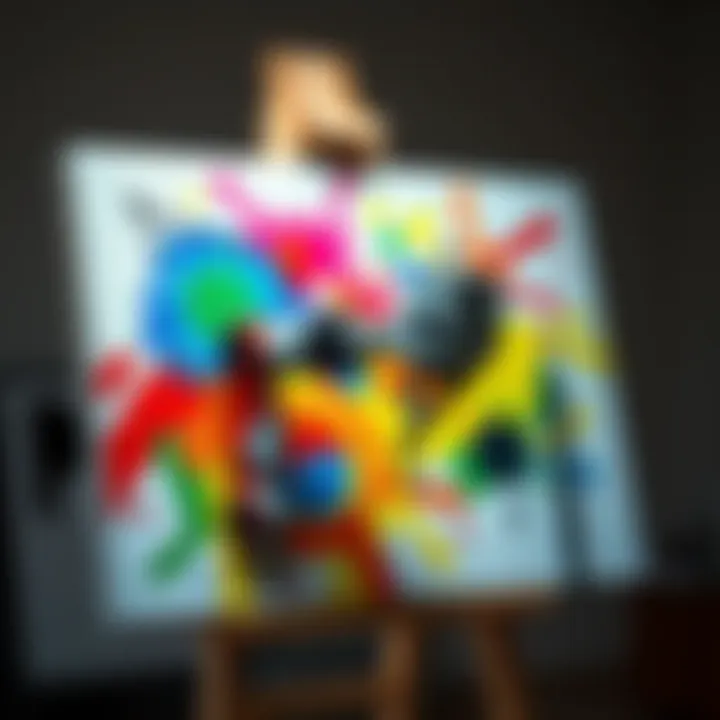 A robotic arm painting on a canvas, showcasing bright colors and abstract forms, symbolizing the intersection of technology and creativity.