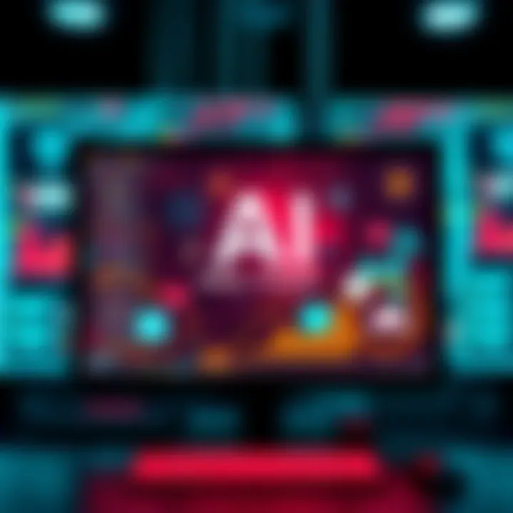 An artistic representation of AI technology creating adult content, showing a computer screen with digital graphics and symbols, symbolizing innovation and ethics in the industry.