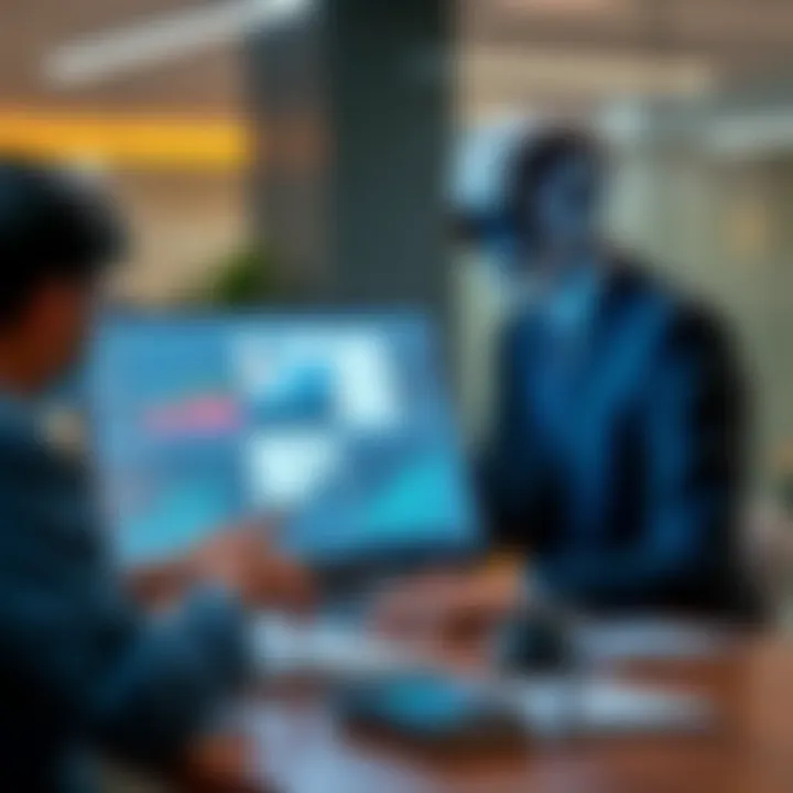 A digital assistant helping a salesperson with data analysis, showcasing graphs and charts on a laptop screen