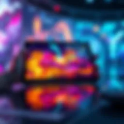 A futuristic illustration showing a digital tablet displaying vibrant artwork being created by AI, symbolizing technology in creativity without artist conflict.