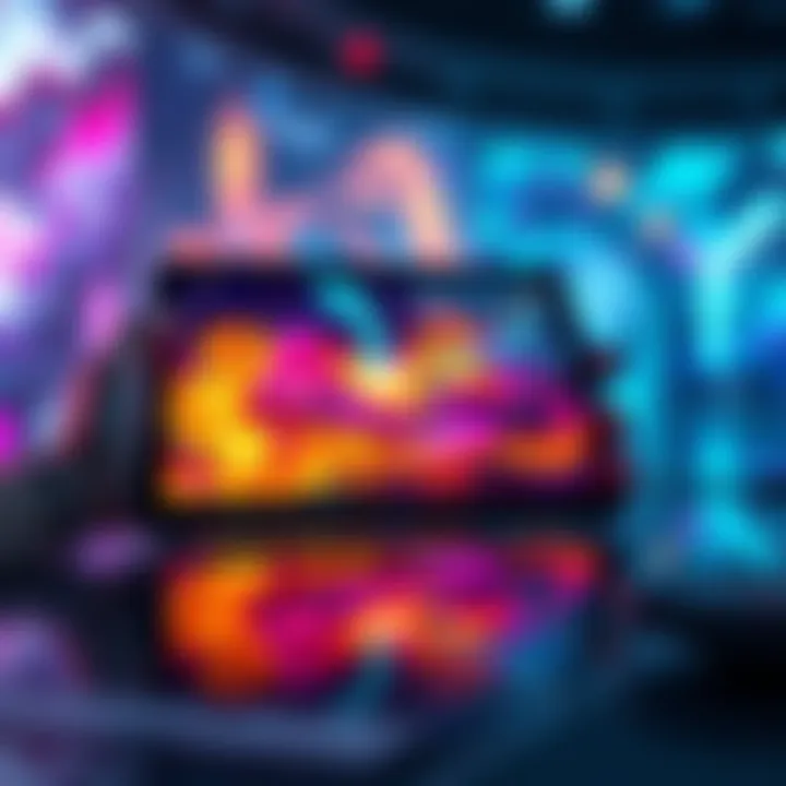 A futuristic illustration showing a digital tablet displaying vibrant artwork being created by AI, symbolizing technology in creativity without artist conflict.