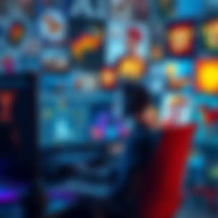 An artist uses AI tools on a computer, surrounded by colorful digital artworks, showcasing originality and creativity.