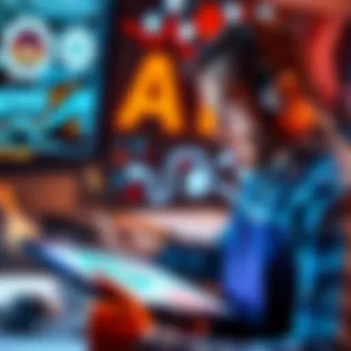 An artist uses a digital tablet to create art, while AI algorithms are displayed on a screen in the background, symbolizing the blend of creativity and technology.