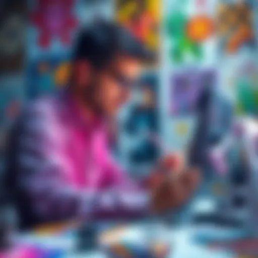 A person creating art using a digital tablet and AI software, surrounded by colorful artwork, symbolizing creativity and innovation.