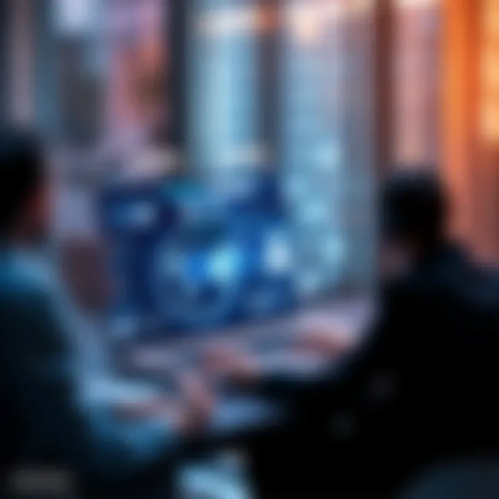 A visual of a business meeting with AI tools on a laptop, showcasing chatbots and automation software.