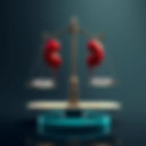 An illustration showing a scale balancing two kidney transplant candidates with different names to represent bias in AI decisions based on race.