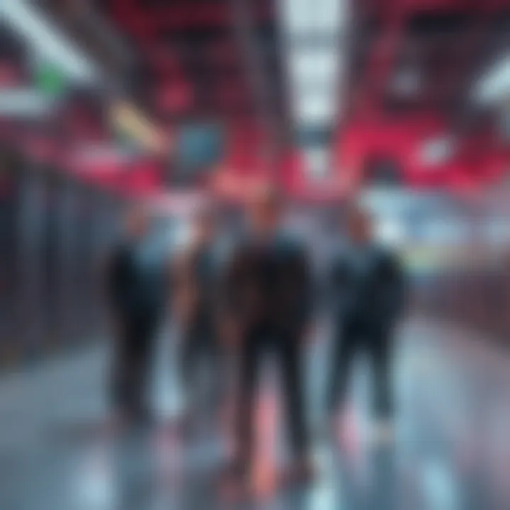 A group of billionaires in business attire stand in front of a large data center, showcasing their advertising campaign promoting technology investments.