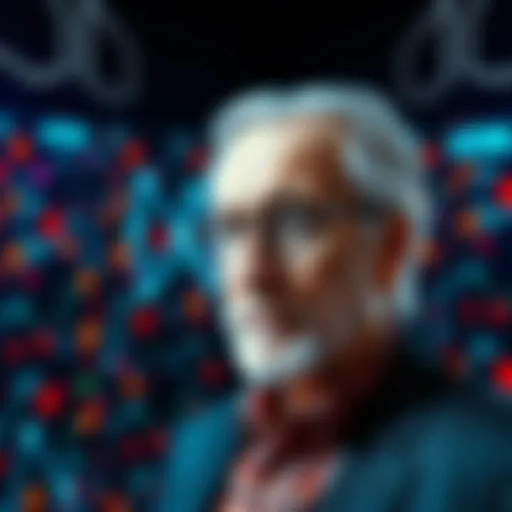 A visual representation of AI algorithms analyzing language alongside a portrait of Noam Chomsky, highlighting the contrast between traditional grammar and modern AI capabilities.