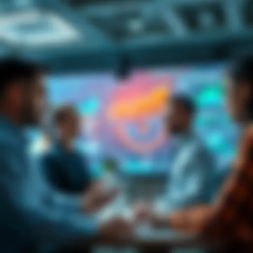 A group of business people discussing AI technology in a modern office setting, analyzing charts and data on screens.