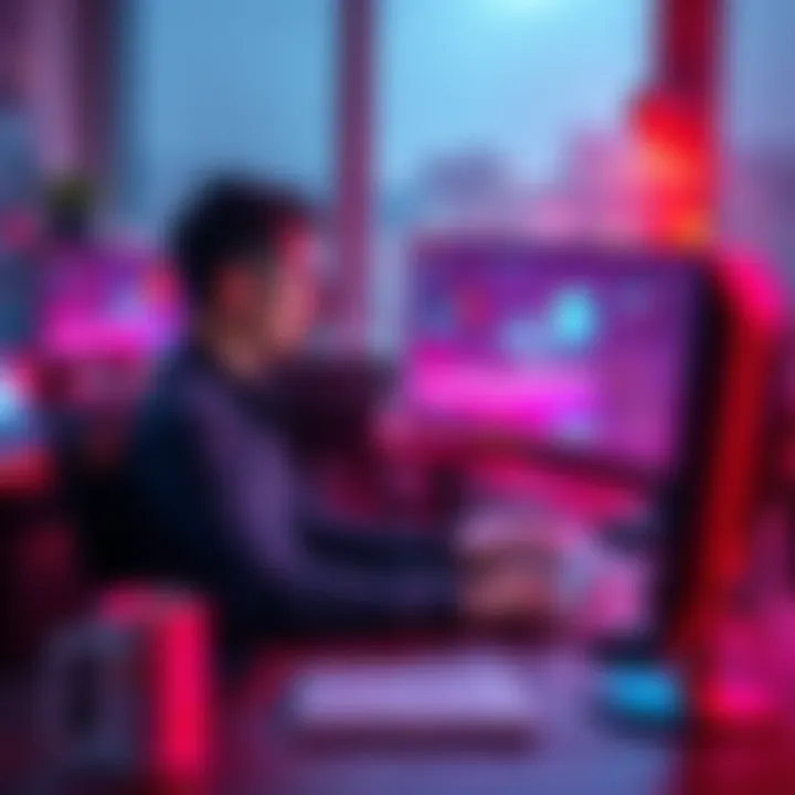Individual sitting at a desk, working on a computer with AI content creation tools on the screen, looking focused and engaged.
