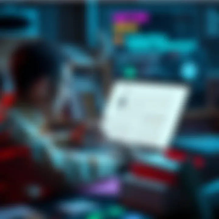 A person analyzing AI-generated text on a laptop, surrounded by books and notes, reflecting on content quality.