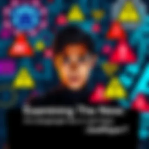 A person looking concerned while using a laptop, surrounded by AI graphics and warning signs