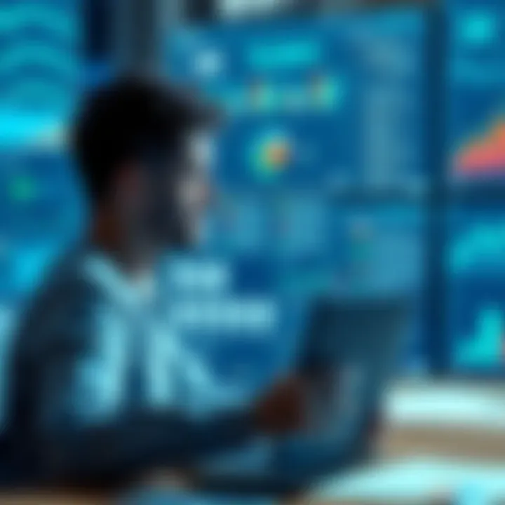 A person sitting at a desk with a laptop, analyzing data and documents related to artificial intelligence and intellectual property debates.