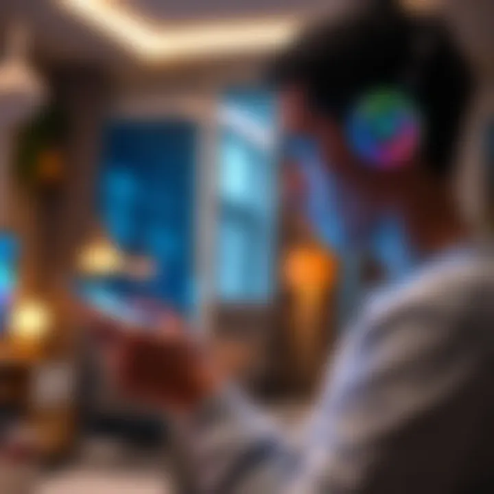 A person using a smartphone with AI features in a smart home setting, showcasing technology in daily activities.