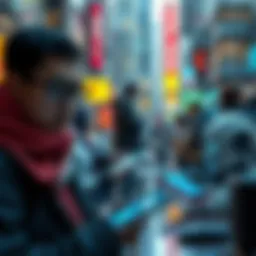 A diverse group of people using AI technology like smart devices and robots in a lively urban setting, showing collaboration and efficiency in their daily tasks.