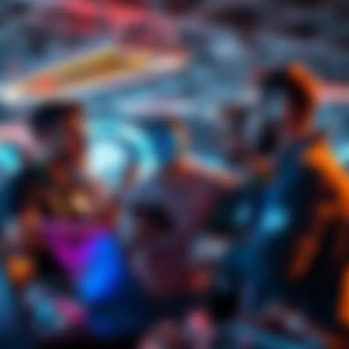 A group of people discussing artificial intelligence trends at a tech event, showcasing laptops and digital displays.