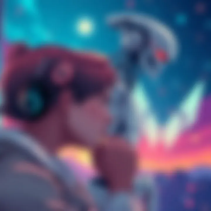 Illustration of a person contemplating the ethics of AI in warfare with a robot figure in the background