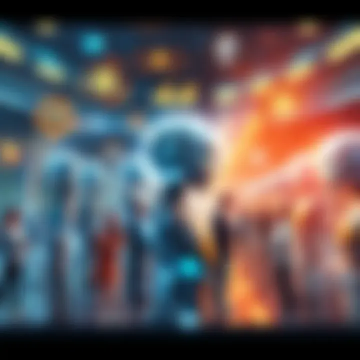 A futuristic scene showing a diverse group of people engaging with various AI technologies, symbolizing the integration of AI in daily life.